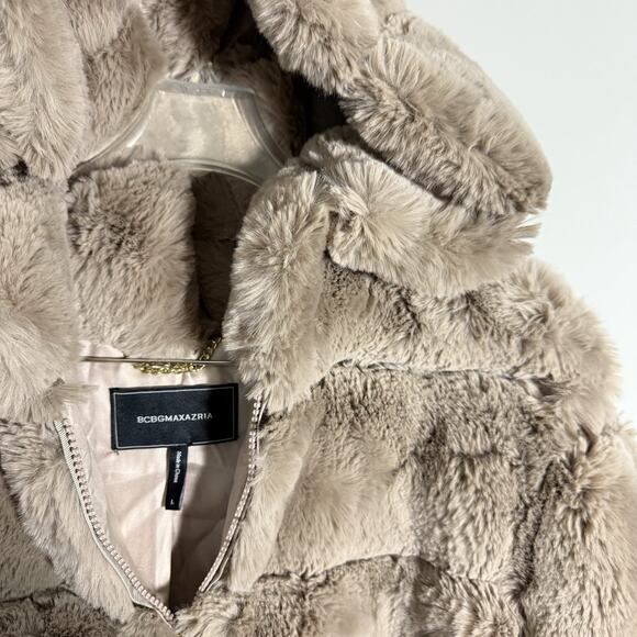 BCBG Maxazria Womens L Tan Faux Fur Quilted Jacket Hooded Luxury Soft Zip New - Picture 5 of 10